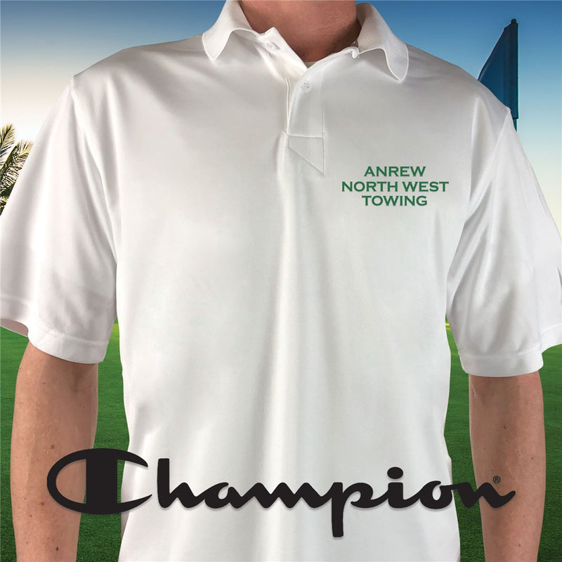 Custom Embroidered Champion White Polo – Personalized 3-Line Text with Green Thread - LED Gift Works
