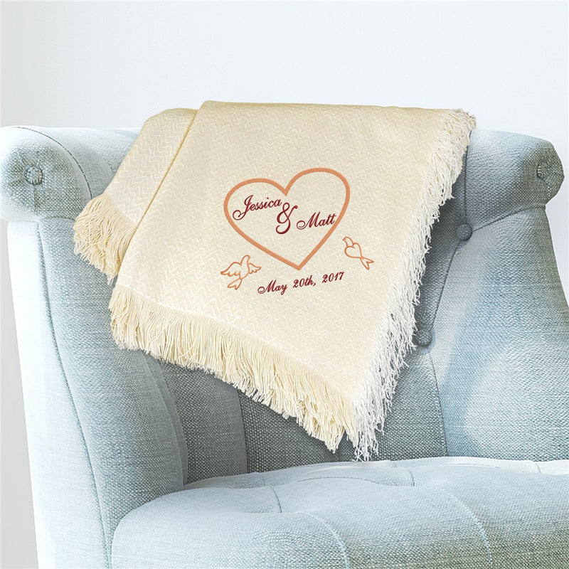 Embroidered Heart With Dove On Both Sides Throw Blanket - Romantic Embroidered Dove Heart Blanket - Cozy Decorative Throw - LED Gift Works