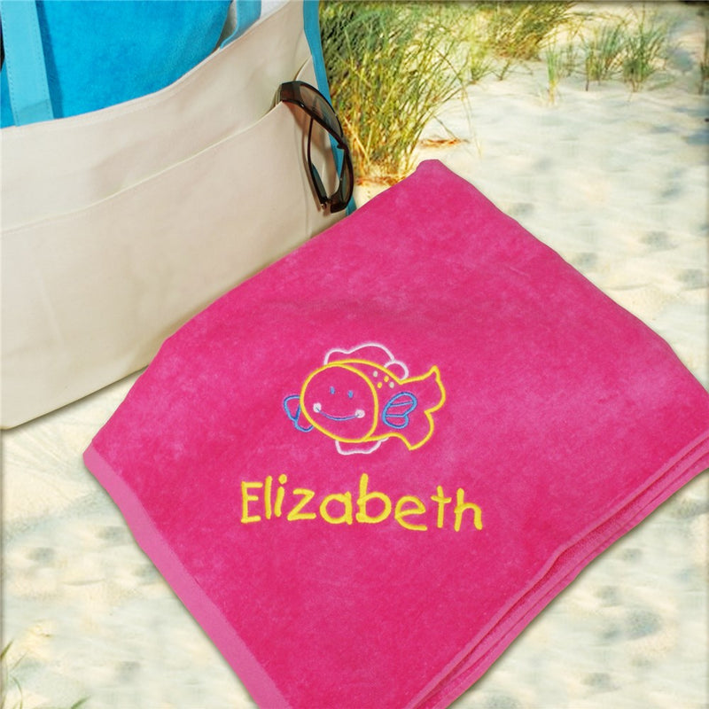 Embroidered Fish Beach Towel with Custom Name - LED Gift Works
