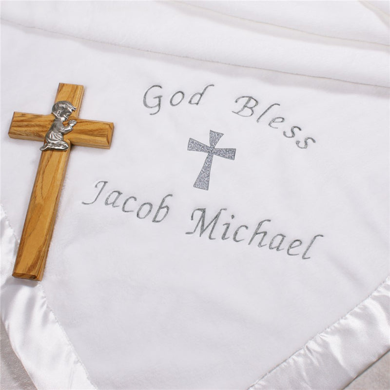 Embroidered Christening Blanket - Personalized Baptism Fleece Blanket - Custom Baby Christening Gift - LED Gift Works