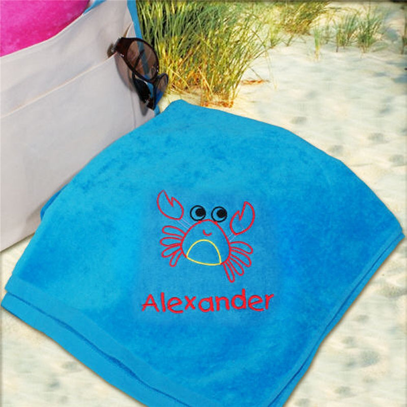 Blue Crab Embroidered Name Beach Towel - LED Gift Works