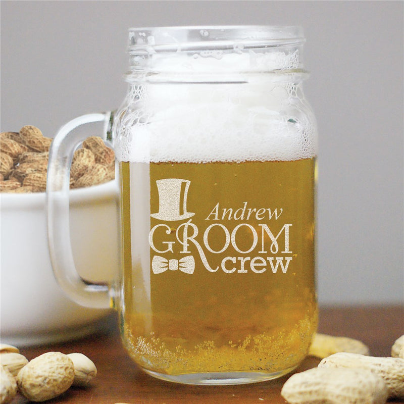 Groom Crew Mason Jar - Engraved Groomsmen Drinkware - LED Gift Works