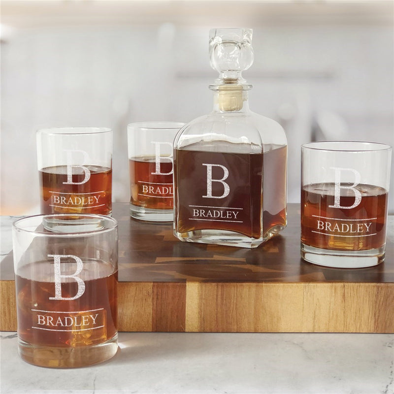 Personalized Whiskey Decanter & Glass Set - Engraved with Name and Initial - LED Gift Works