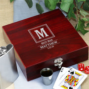 Personalized Groomsmen Flask Set – Frame Initial Gift Box with Poker Cards & Dice - LED Gift Works
