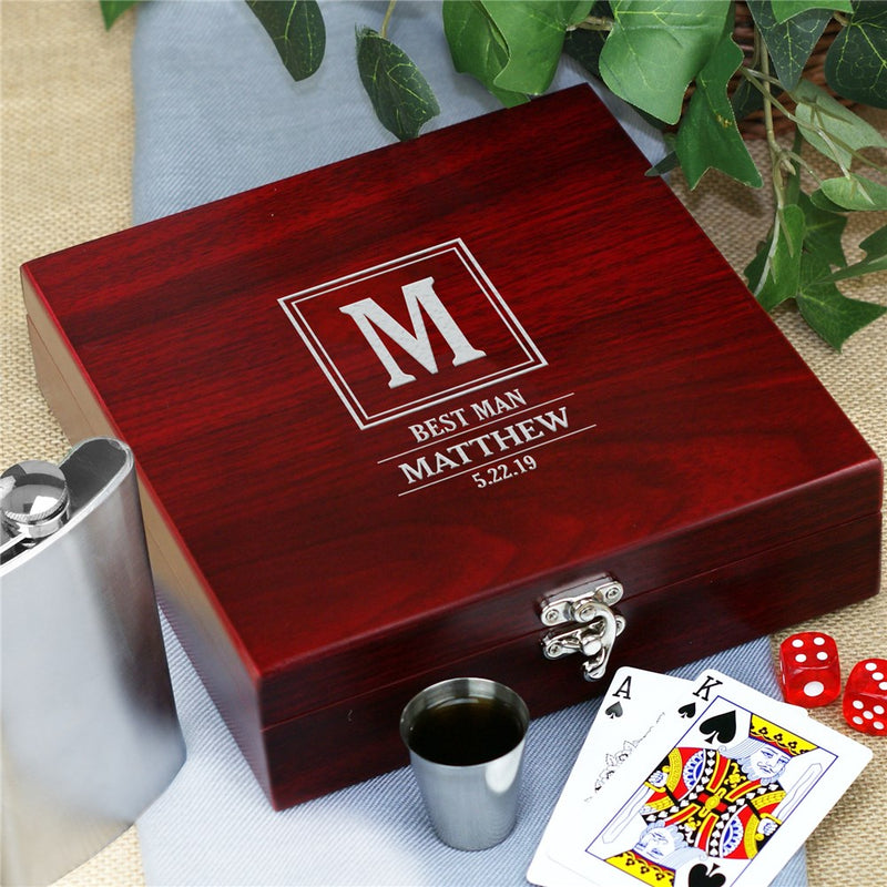 Personalized Groomsmen Flask Set – Frame Initial Gift Box with Poker Cards & Dice - LED Gift Works