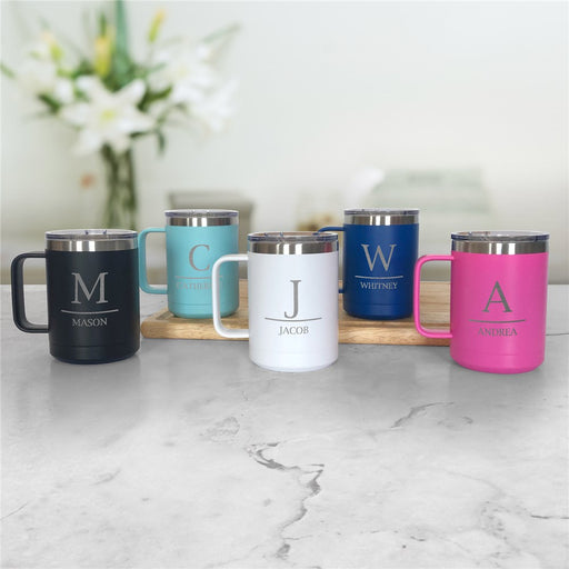 Engraved Insulated Mug - Personalized with Initial Above Name - Way Up Gifts