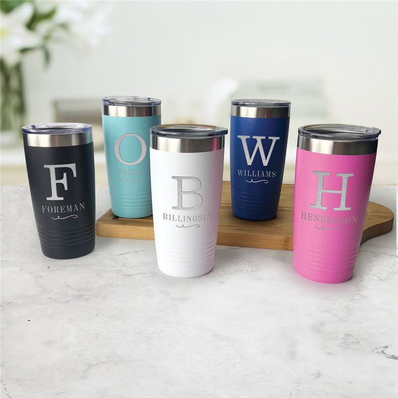 Personalized Tumbler - Engraved Name and Initial with Flourish Design - LED Gift Works