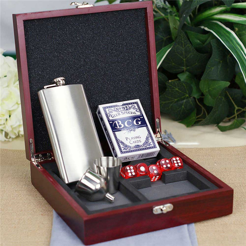 Personalized Groomsmen Flask Set – Frame Initial Gift Box with Poker Cards & Dice - LED Gift Works