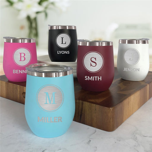 Personalized Stemless Wine Tumbler - Engraved Initial & Family Name - Way Up Gifts