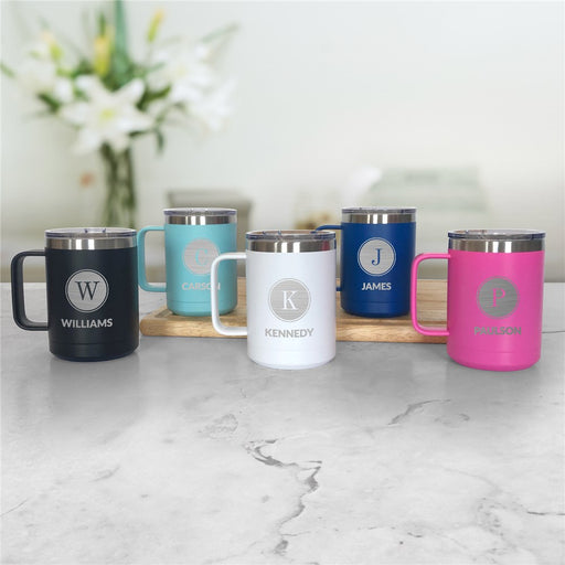 Engraved Family Name Insulated Mug - Personalized with Initial & Last Name - Way Up Gifts