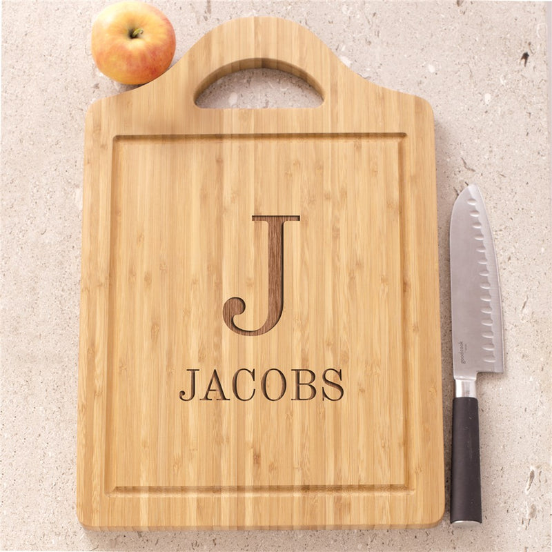 Engraved Initial & Family Name Cutting Board - Personalized Bamboo Board - LED Gift Works