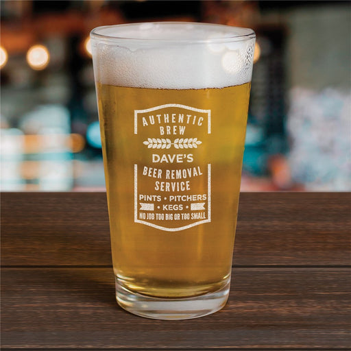 Engraved Beer Removal Service Pint Glass – Custom Funny Beer Mug for Him – Personalized Drinking Gift for Dad, Husband, or Friend - Way Up Gifts