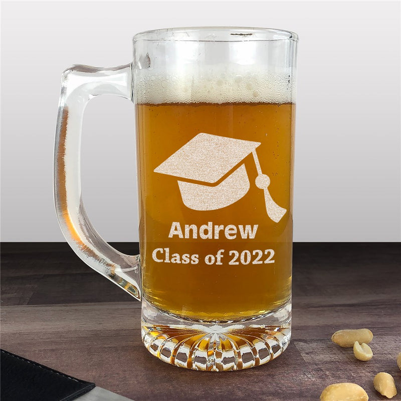 Personalized Class Of Graduation Sports Mug – Engraved Glass Beer Mug with Graduate Year and Name – Custom Gift for Graduation or Senior Celebration - LED Gift Works