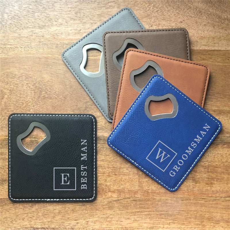 Engraved Bottle Opener Coaster - Groomsmen Gift with Initial - LED Gift Works