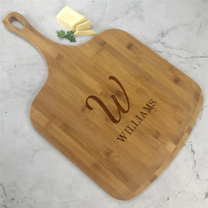 Engraved Family Initial and Name Bamboo Pizza Board – Personalized Pizza Serving Board with Custom Monogram and Last Name - LED Gift Works