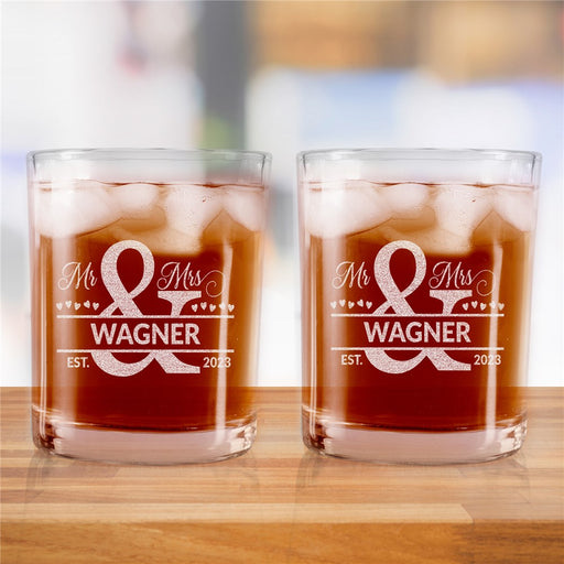 Engraved Mr And Mrs Ampersand Rocks Glass Set - LED Gift Works