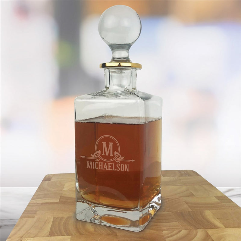 Gold Rim Whiskey Decanter - Personalized with Name and Initial - LED Gift Works