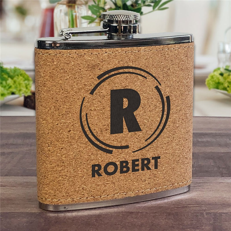 Personalized Cork Flask for Groomsmen - Circular Lines Design - LED Gift Works