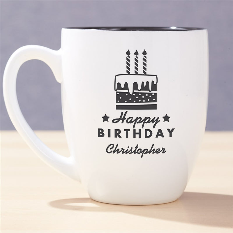 Engraved Happy Birthday Cake Bistro Mug - Custom Birthday Bistro Coffee Mug - LED Gift Works