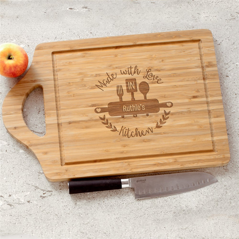 Engraved "Made With Love" Bamboo Cutting Board - Rolling Pin & Utensils Design - LED Gift Works