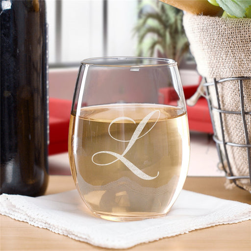 Engraved Script Initial Stemless Wine Glass - Personalized Bridesmaid Gift - Way Up Gifts