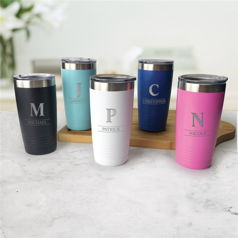 Custom Name & Initial Tumbler - Engraved Double Line Design Travel Mug - LED Gift Works