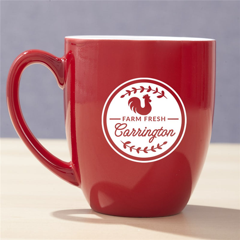 Engraved Fresh Farm Rooster Red Bistro Mug - Rustic Farmhouse Red Mug - LED Gift Works