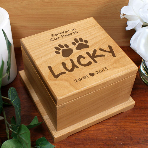 Personalized Engraved Wooden Pet Memorial Urn – Forever in Our Hearts Paw Print Design - LED Gift Works