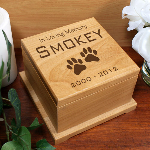 Personalized Engraved Wooden Pet Memorial Urn – Paw Prints in Memory Design - LED Gift Works