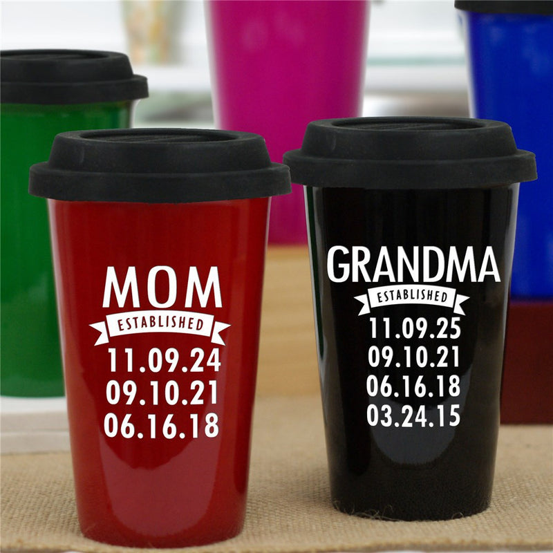 Personalized Established Mom Travel Mug – Custom Birth Dates Coffee Tumbler – Gift for Mom or Grandma – Durable Insulated Travel Mug - LED Gift Works