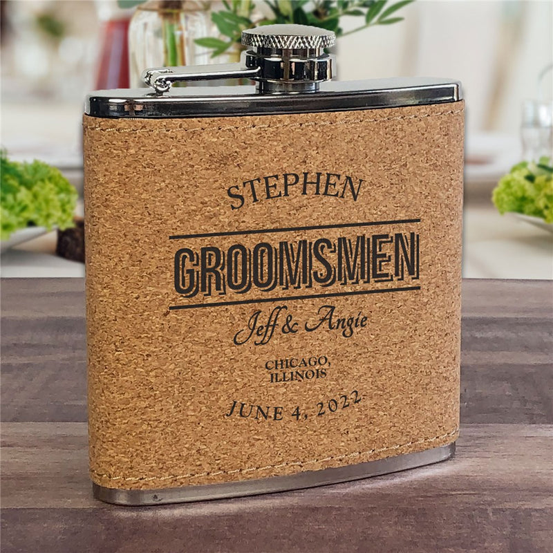 Custom Cork Flask - Groomsmen Gift with Name & Wedding Date - LED Gift Works