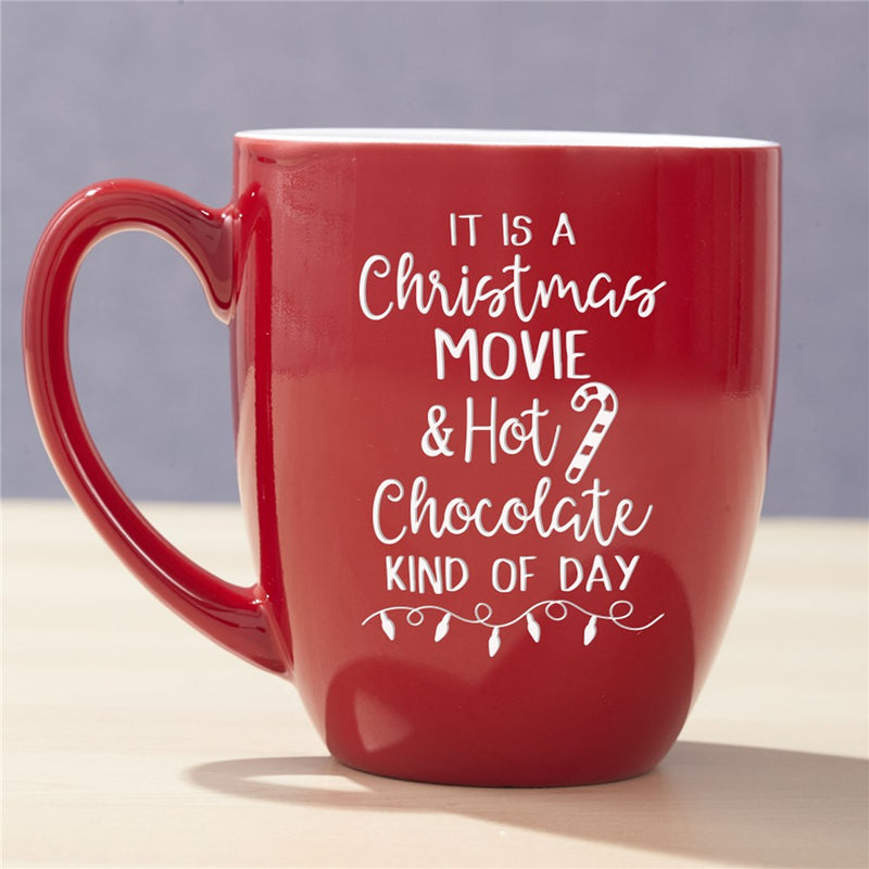 Christmas Movie & Hot Chocolate Bistro Mug Red - Custom Holiday Movie Mug - LED Gift Works