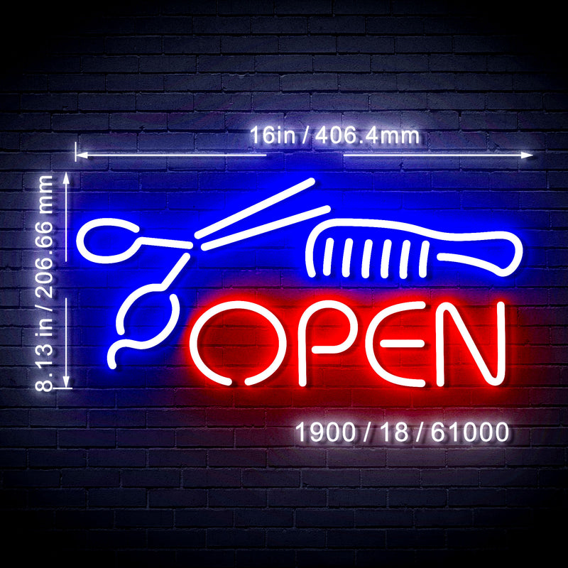Scissors Comb Open Salon Barber Hair Cuts Flex Silicone LED Sign (Neon-Style, LED Technology) - LED Gift Works