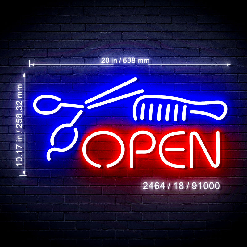 Scissors Comb Open Salon Barber Hair Cuts Ultra-Bright LED Sign with Remote (Neon-Style, LED Technology) - LED Gift Works
