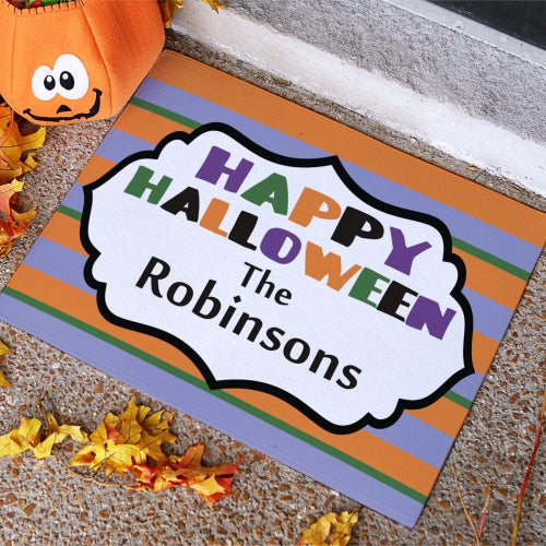 Happy Halloween Stripes Personalized Doormat - Custom Seasonal Entry Mat - Way Up Gifts