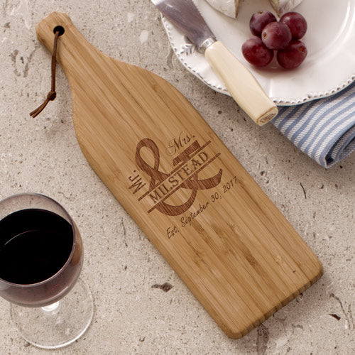 Engraved Mr. and Mrs. Wine Bottle Cutting Board - Wedding Gift Idea - LED Gift Works