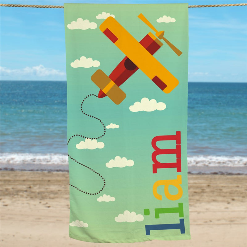 Travel Theme Airplane Custom Name Beach Towel - LED Gift Works
