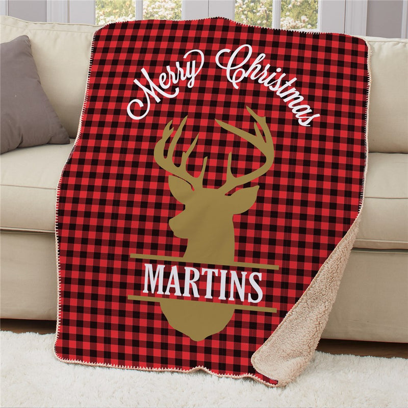 Personalized Plaid Deer Christmas Sherpa Blanket 50x60 - Large Rustic Christmas Throw - LED Gift Works