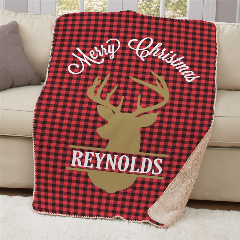 Personalized Plaid Deer Christmas Sherpa Blanket - Rustic Holiday Plaid Blanket - LED Gift Works