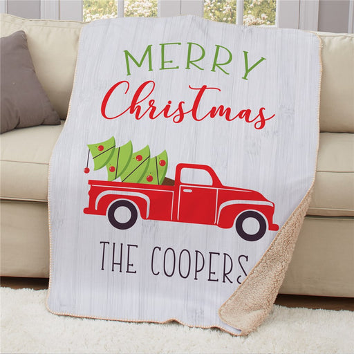 Personalized Merry Christmas Truck 50x60 Sherpa Blanket - Large Holiday Red Truck Throw - Way Up Gifts