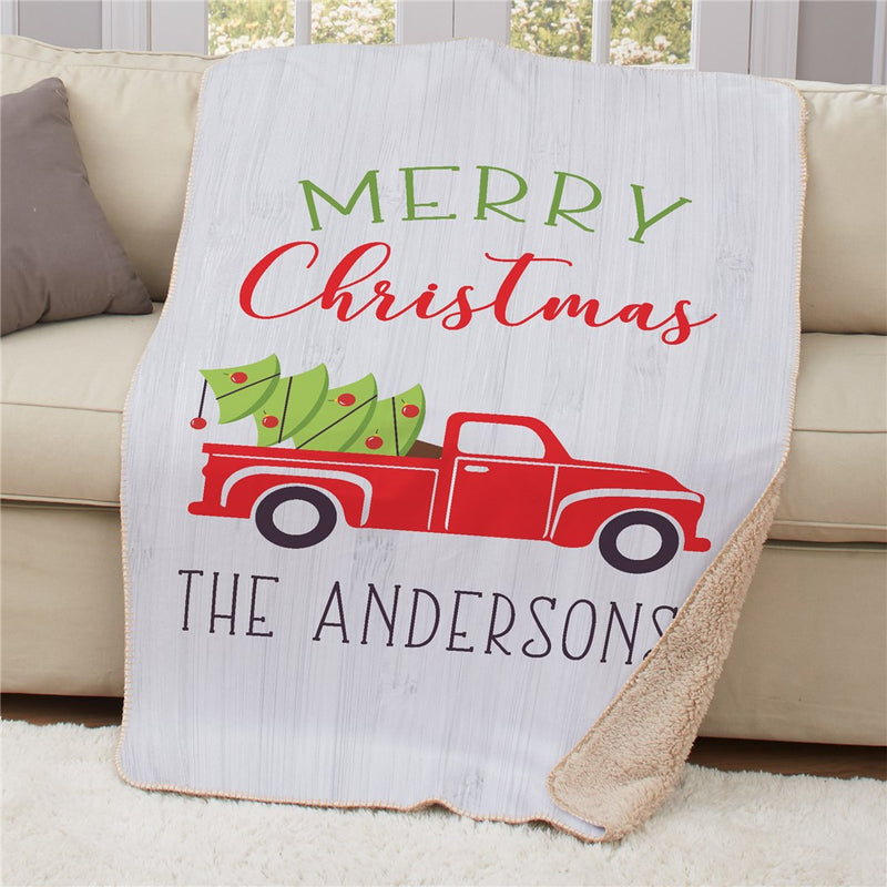 Personalized Merry Christmas Truck Sherpa Blanket - Vintage Red Truck Holiday Throw - LED Gift Works
