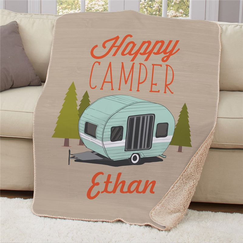 Personalized Happy Camper Sherpa Blanket 50X60 - Camping Outdoor Adventure Blanket - LED Gift Works