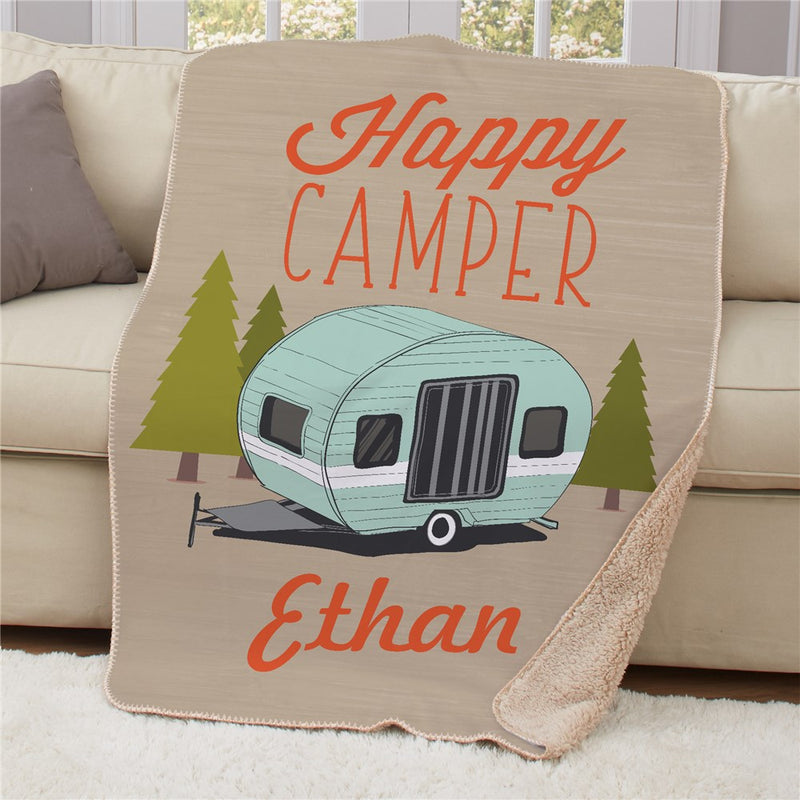 Personalized Happy Camper Sherpa Blanket - Custom Camping Gift Throw - LED Gift Works