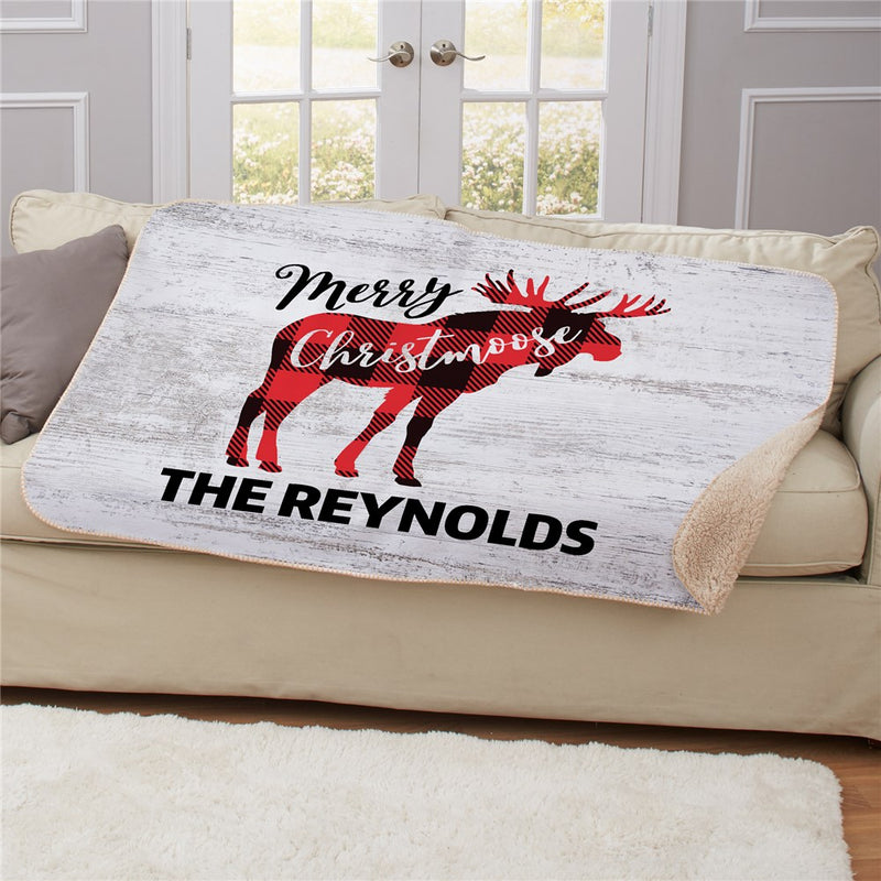 Personalized Merry Christmoose Sherpa Blanket - Cute Holiday Moose Christmas Blanket - LED Gift Works