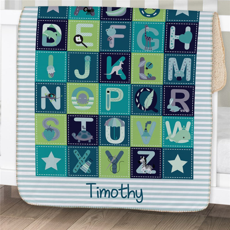 Personalized Baby Boy Alphabet Sherpa Blanket - Educational Baby Boy Blanket - LED Gift Works