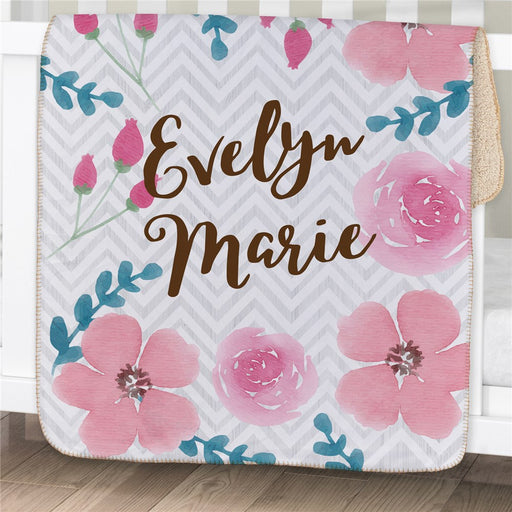 Personalized Watercolor Floral Baby Sherpa Blanket - Infant Pastel Flower Blanket - Way Up Gifts