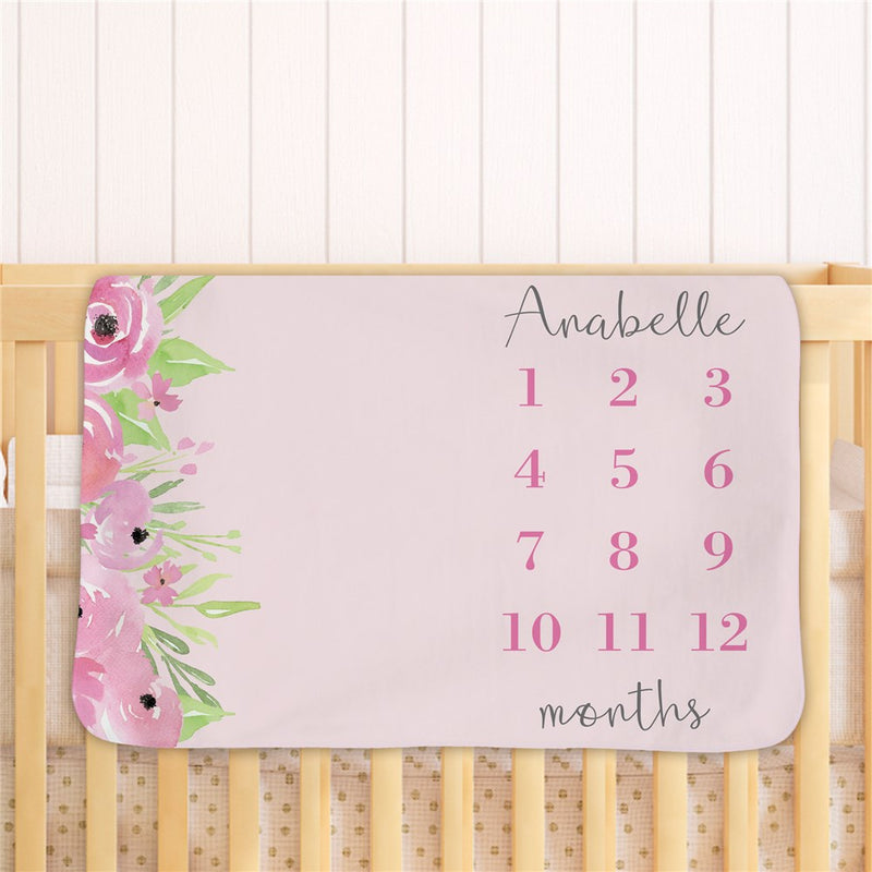 Personalized Floral Milestone Fleece Baby Blanket - Baby Milestone Gift Blanket - LED Gift Works