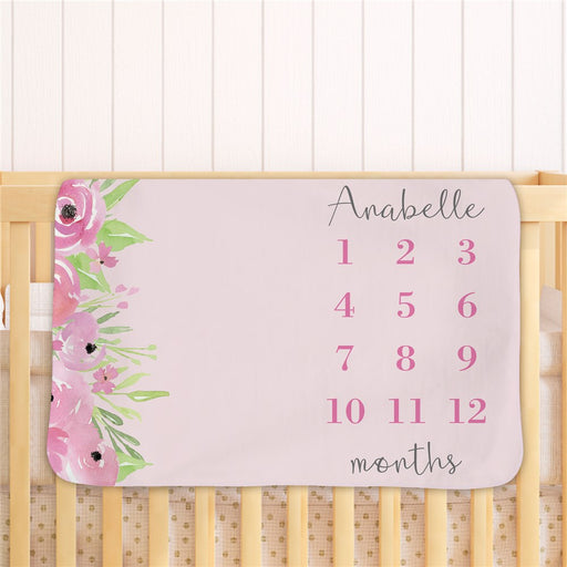 Personalized Floral Milestone Fleece Baby Blanket - Baby Milestone Gift Blanket - Way Up Gifts