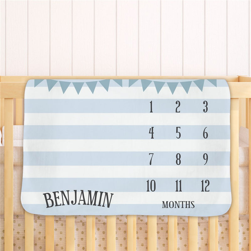 Personalized Pennant Milestone Baby Fleece Blanket - Monthly Baby Name Tracker - LED Gift Works