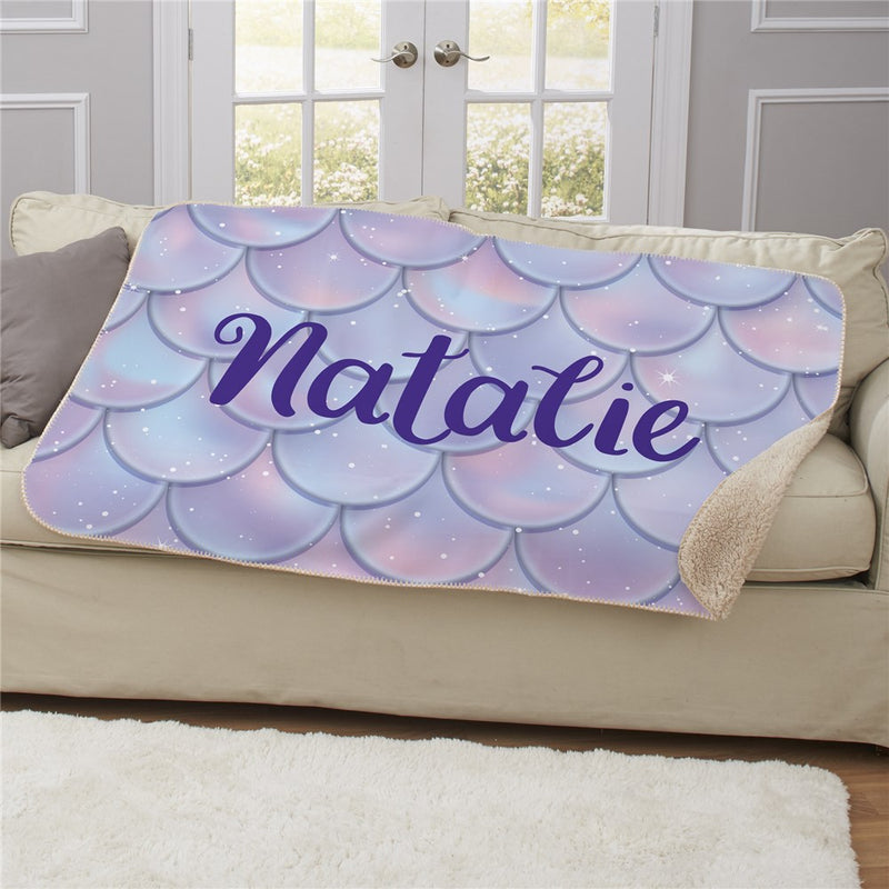Personalized Mermaid Scales Sherpa Blanket - Colorful Mermaid Theme Blanket for Girls - LED Gift Works
